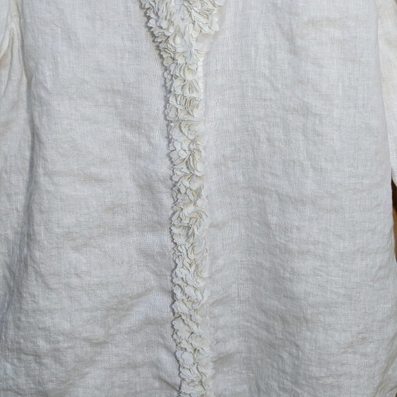 Chico’s White Floral Applique Ruffle Linen Tunic LS Top Sz 2/US Large Beach Boho - Picture 5 of 10
